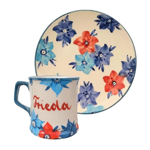 Tasse und Frühstücksteller Blau mit Namensschriftzug