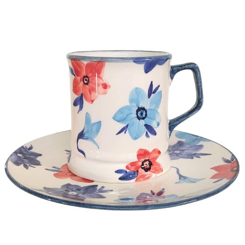 Tasse und Frühstücksteller blaue blumen