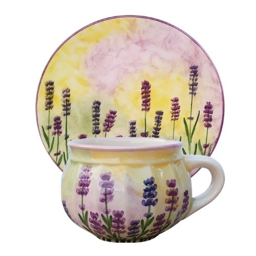 Töpfchen Tasse und Frühstücksteller mit lavendel Motiv