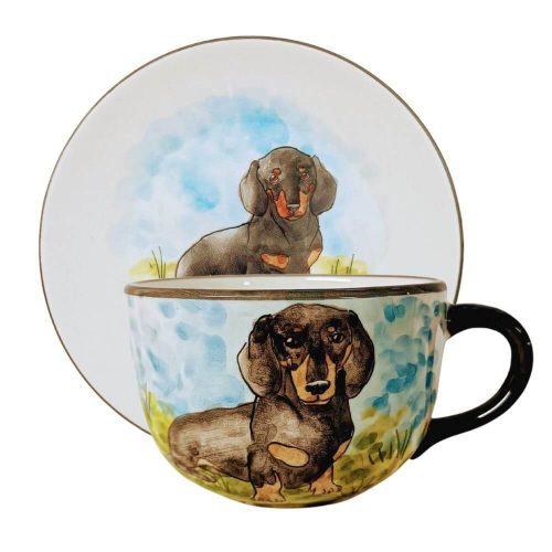 Jumbo Tasse und Frühstücksteller mit Dackel brauner Hund