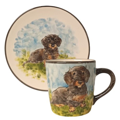 Tasse und Frühstücksteller mit Dackel brauner Hund