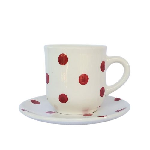 Kaffeetasse und kleiner Teller rot/gestupft